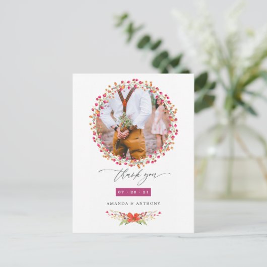 Aquarelle Wildflower Weddenfoto Hartelijk dank Briefkaart (Staand voorkant)