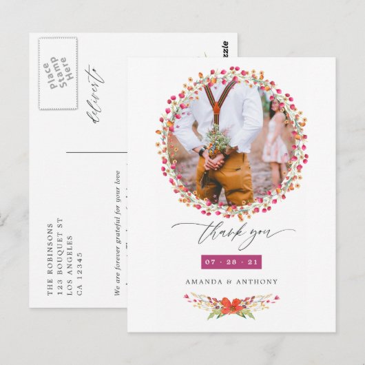 Aquarelle Wildflower Weddenfoto Hartelijk dank Briefkaart (Voorkant / Achterkant)