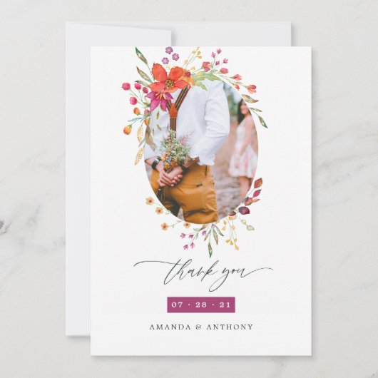 Aquarelle Wildflower Wedding Photo Collage Bedankkaart (Voorkant)