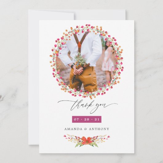 Aquarelle Wildflower Wedding Photo Collage Bedankkaart (Voorkant)