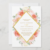 Aquarellen Koraal, Perzik en Roze Rozen op goud Kaart (Voorkant)