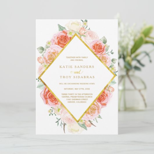 Aquarellen Koraal, Perzik en Roze Rozen op goud Kaart (Staand voorkant)