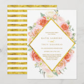 Aquarellen Koraal, Perzik en Roze Rozen op goud Kaart (Voorkant / Achterkant)