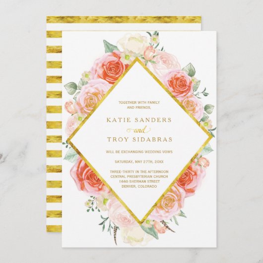 Aquarellen Koraal, Perzik en Roze Rozen op goud Kaart (Voorkant / Achterkant)