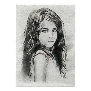 Aquarelportret van klein meisje   Zwart & Wit Foto Afdruk