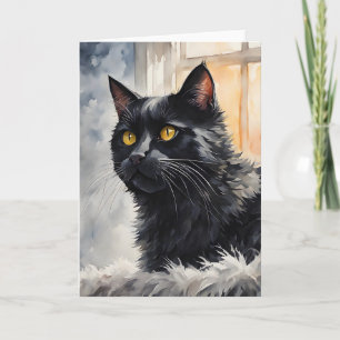 Aquarelportret van zwarte kat die uit het raam kij kaart