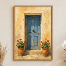 Aquarelposter 'Blauwe Deur met Geraniumpotten'