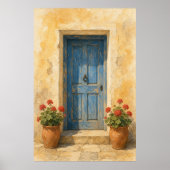 Aquarelposter 'Blauwe Deur met Geraniumpotten' Poster (Voorkant)
