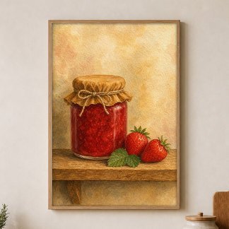Aquarelposter met Jamfles van Aardbei Cottagecore Poster