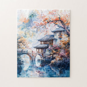 Aquarelschilderij van Chinese tempel en water Legpuzzel