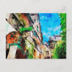 Aquarelschilderij van Drosselgasse Ruedesheim Briefkaart
