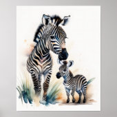 Aquarelschilderij van een moeder en babyzebra 5:4 poster (Voorkant)