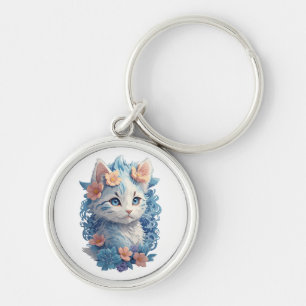 Aquarelschilderij van een schattige kat met bloeme sleutelhanger