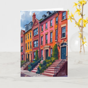 Aquarelschilderij van een stadstraat met bruinstee kaart