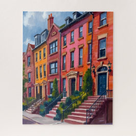 Aquarelschilderij van een stadstraat met bruinstee legpuzzel
