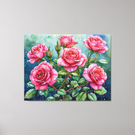 Aquarelschilderij van roze rozen met dauwdruppels canvas afdruk