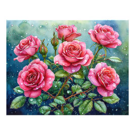 Aquarelschilderij van roze rozen met dauwdruppels foto afdruk