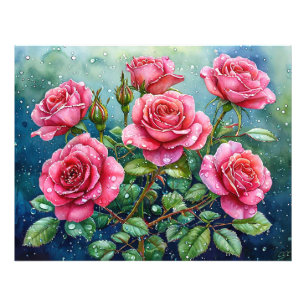 Aquarelschilderij van roze rozen met dauwdruppels foto afdruk