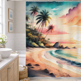 Aquarelschilderij van tropische zonsondergang op h douchegordijn