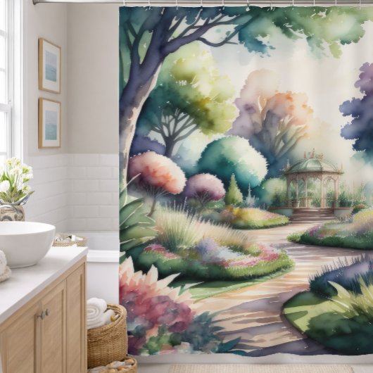 Aquarelschilderij van tuintuinlandschap douchegordijn