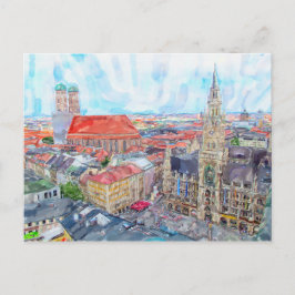 Aquarelverf munchen Marienplatz. Luchtfoto. Briefkaart