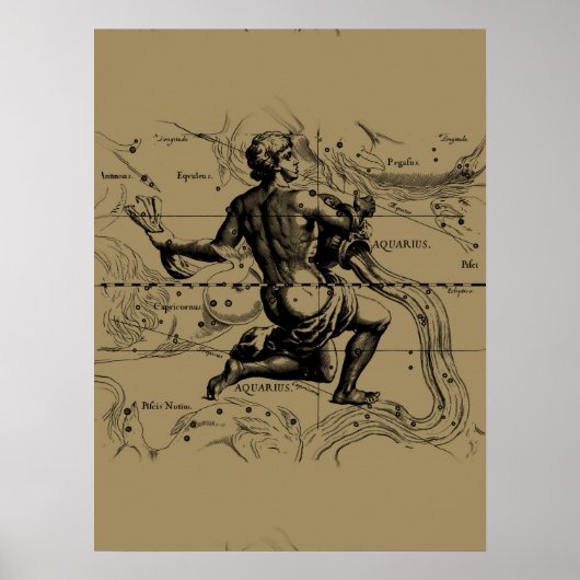 Aquarius Constellation Map door Hevelius Poster (Voorkant)