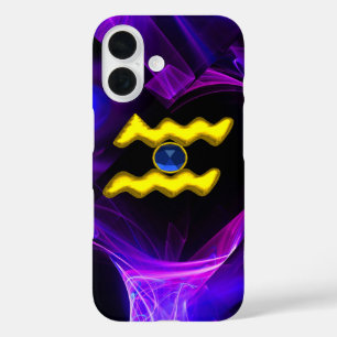 AQUARIUS GOLD ZODIAC SIGN Blue Paarse Fractals iPhone 16 Hoesje
