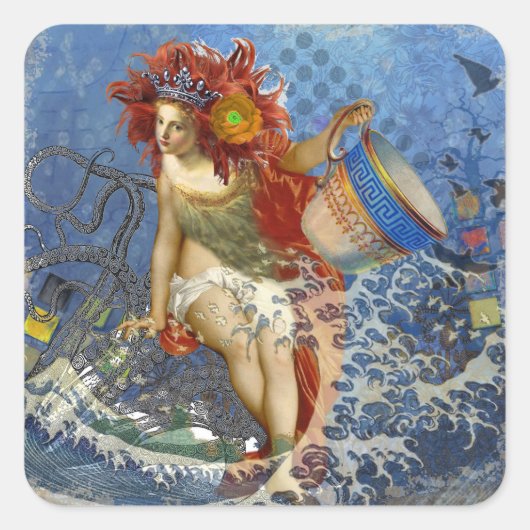 Aquarius Mermaid Gothic Blue Art Vierkante Sticker (Voorkant)
