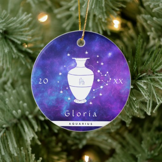 Aquarius Purple Cosmic Galaxy Zodiac Sign Name Keramisch Ornament (Boom)