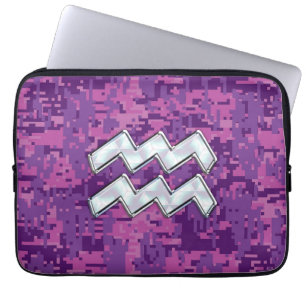 Aquarius Sign. over fuchsia roze digitale camo Laptop Sleeve