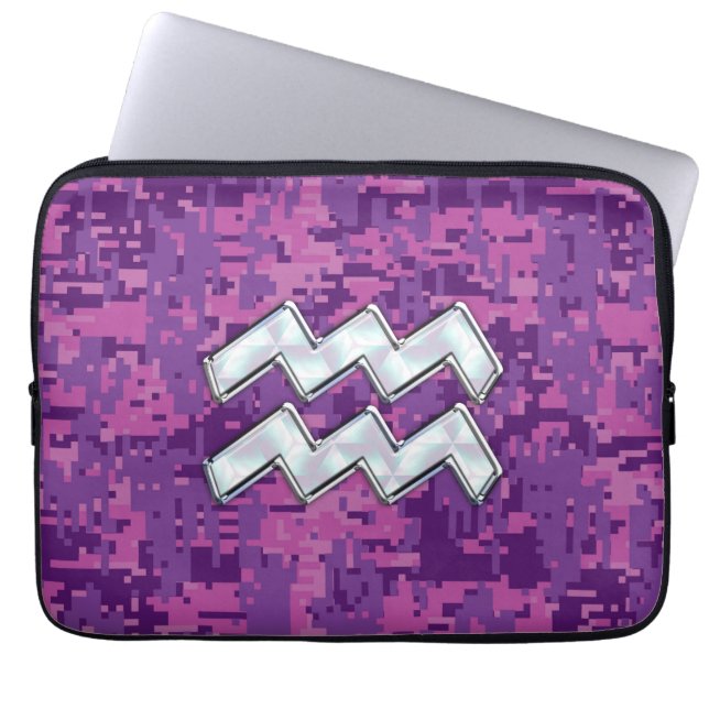 Aquarius Sign. over fuchsia roze digitale camo Laptop Sleeve (Voorkant)