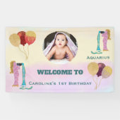 Aquarius Watercolor 1st Birthday Photo Sign Spandoek (Horizontaal)