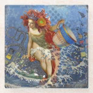 Aquarius Zeemeermin Gotische Blauwe Kunst Glazen Onderzetter
