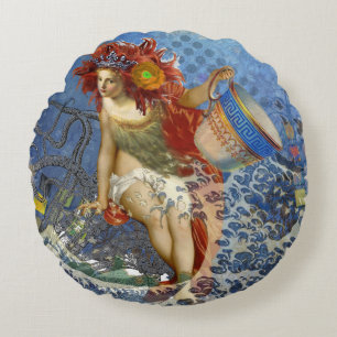 Aquarius Zeemeermin Gotische Blauwe Kunst Rond Kussen
