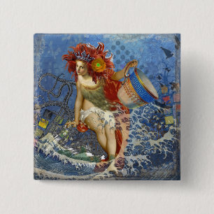 Aquarius Zeemeermin Gotische Blauwe Kunst Vierkante Button 5,1 Cm