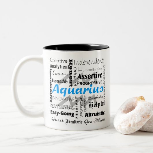 Aquarius Zodiac Astrology Traits Collage Tweekleurige Koffiemok (Met donut)