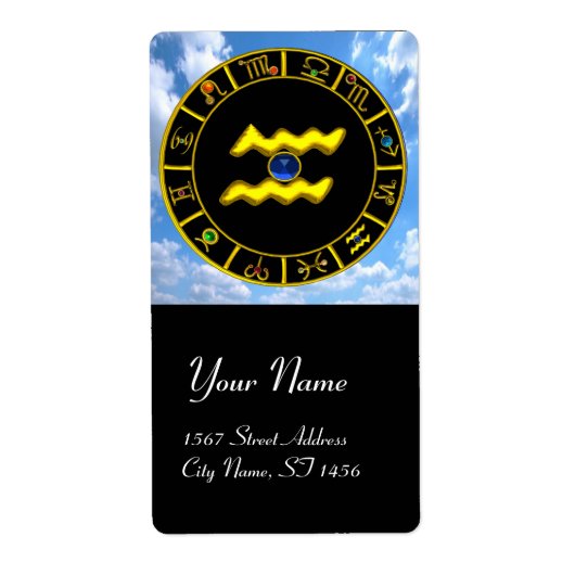 AQUARIUS ZODIAC BIRTHDAY JEWEL Blue Sapphire Gold Etiket (Voorkant)