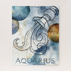 Aquarius zodiac blauw zwarte goudplaneten legpuzzel
