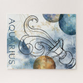 Aquarius zodiac blauw zwarte goudplaneten legpuzzel (Horizontaal)