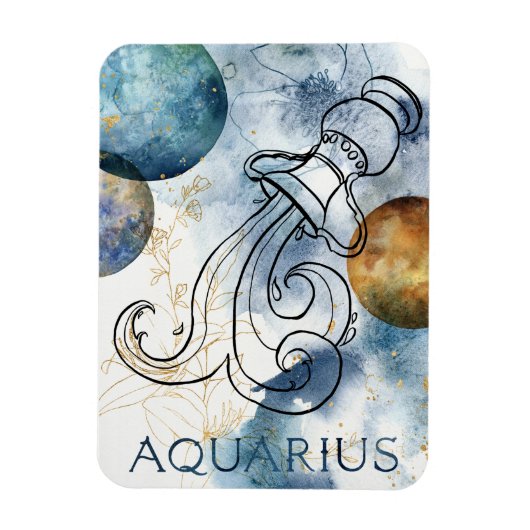 Aquarius zodiac blue black gold text planets magneet (Verticaal)
