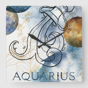 Aquarius zodiac blue black gold text planets vierkante klok