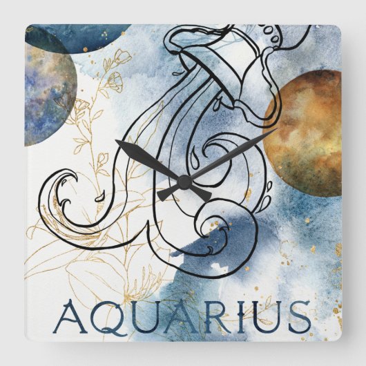 Aquarius zodiac blue black gold text planets vierkante klok (Voorkant)