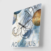 Aquarius zodiac blue black gold text planets vierkante klok (Hoek)