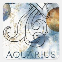 Aquarius zodiac blue black gold text planets