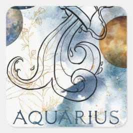 Aquarius zodiac blue black gold text planets vierkante sticker