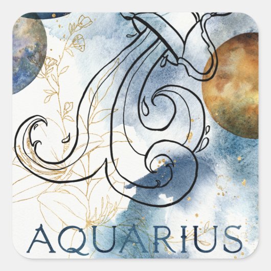 Aquarius zodiac blue black gold text planets vierkante sticker (Voorkant)
