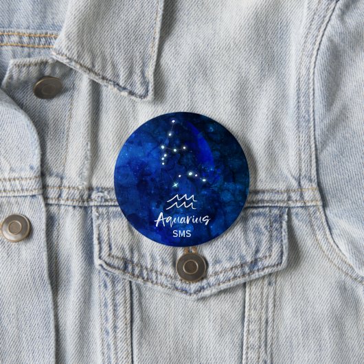 Aquarius Zodiac Constellation Blue Galaxy Monogram Ronde Button 7,6 Cm (In situ)