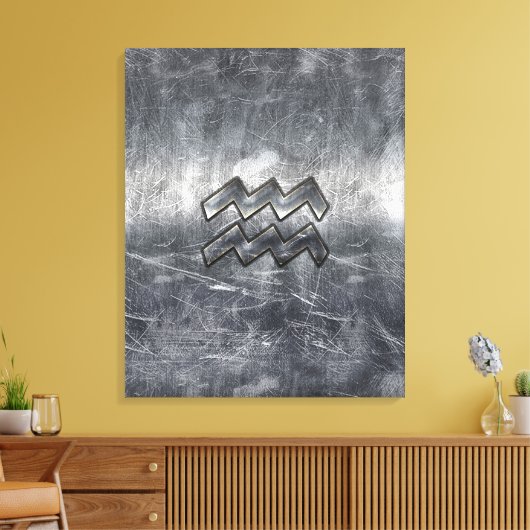 Aquarius Zodiac Distress Silver Steel Style Canvas Afdruk (Insitu (Woonkamer))