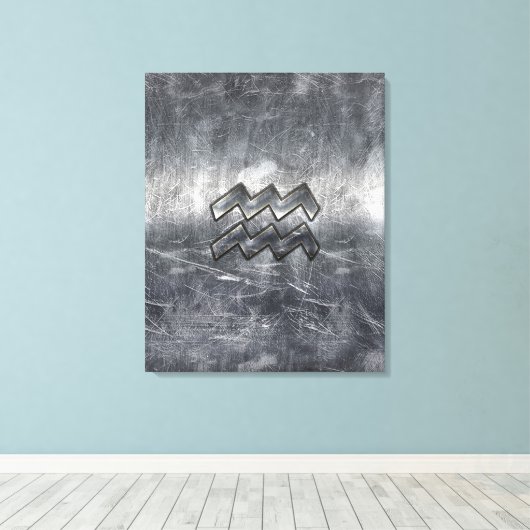 Aquarius Zodiac Distress Silver Steel Style Canvas Afdruk (Insitu (Houten vloer))