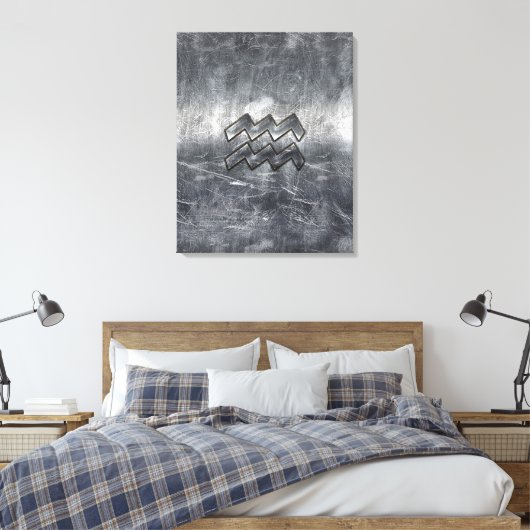 Aquarius Zodiac Distress Silver Steel Style Canvas Afdruk (Insitu (Slaapkamer))